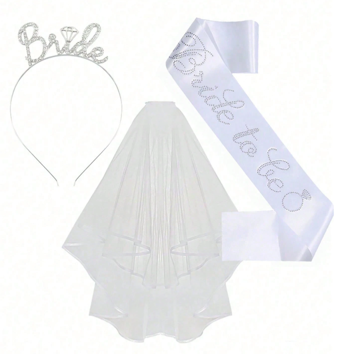 Bride to Be Accessoireset - Sluier, Haarband & Witte of Roze Satijnen Sjerp - Vrijgezellenfeest Decoratie - Bachelorette - Bruiloft