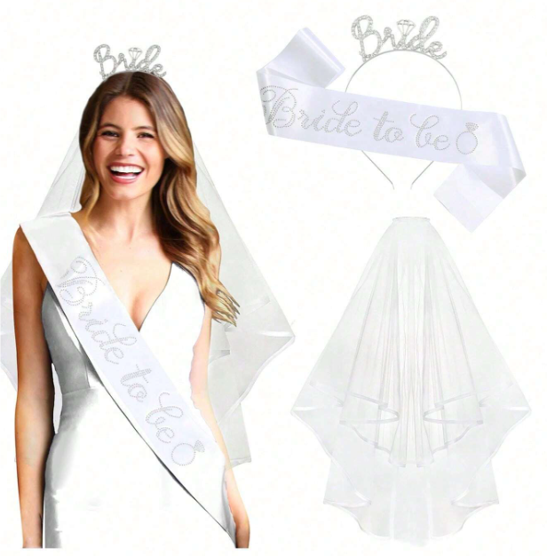 Bride to Be Accessoireset - Sluier, Haarband & Witte of Roze Satijnen Sjerp - Vrijgezellenfeest Decoratie - Bachelorette - Bruiloft