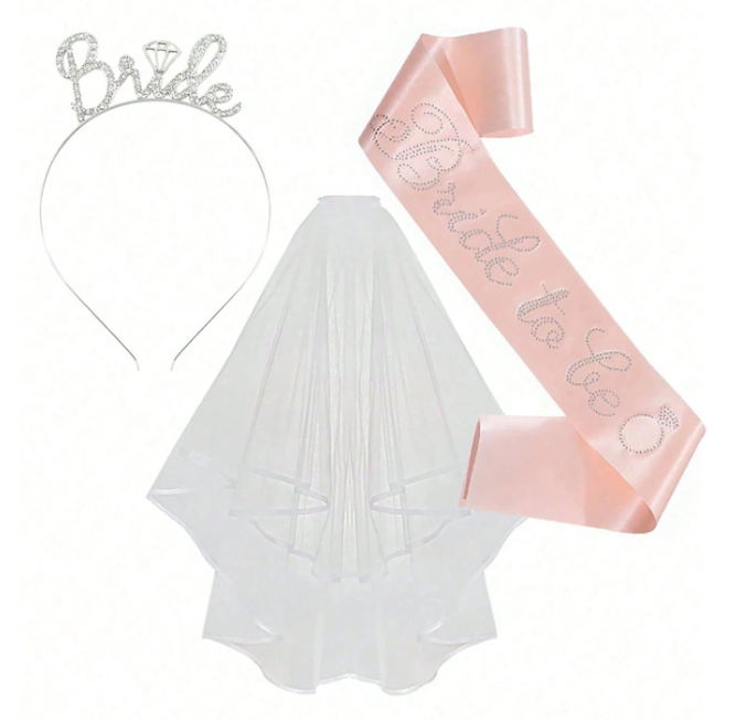 Bride to Be Accessoireset - Sluier, Haarband & Witte of Roze Satijnen Sjerp - Vrijgezellenfeest Decoratie - Bachelorette - Bruiloft