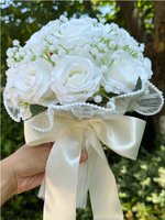 Bruidsboeket Kunstbloemen Roze & Wit – Rozen en Dahlia’s met Parelrand – 20CM – Sierboeket voor Bruiloft, Decoratie & Fotoshoots - Bride To Be - Bloemen