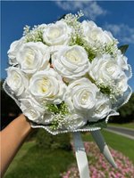 Bruidsboeket Kunstbloemen Roze & Wit – Rozen en Dahlia’s met Parelrand – 20CM – Sierboeket voor Bruiloft, Decoratie & Fotoshoots - Bride To Be - Bloemen