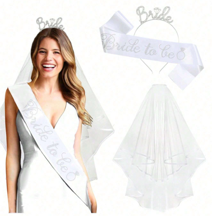 Bride to Be Accessoireset - Sluier, Haarband & Witte of Roze Satijnen Sjerp - Vrijgezellenfeest Decoratie - Bachelorette - Bruiloft