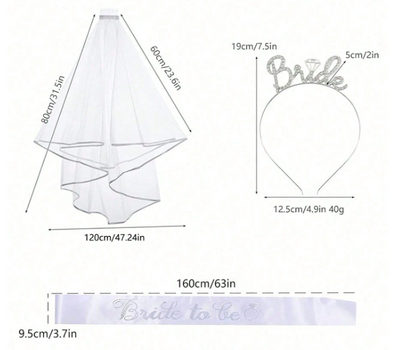 Bride to Be Accessoireset - Sluier, Haarband & Witte of Roze Satijnen Sjerp - Vrijgezellenfeest Decoratie - Bachelorette - Bruiloft