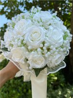 Bruidsboeket Kunstbloemen Roze & Wit – Rozen en Dahlia’s met Parelrand – 20CM – Sierboeket voor Bruiloft, Decoratie & Fotoshoots - Bride To Be - Bloemen